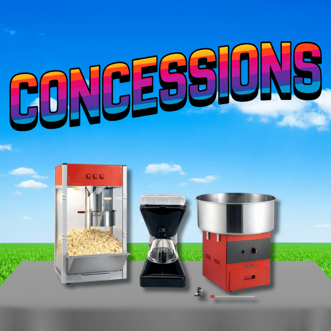Popcorn machine, cotton candy machine, and snow cone machine available for concession rentals in Atlanta, Georgia