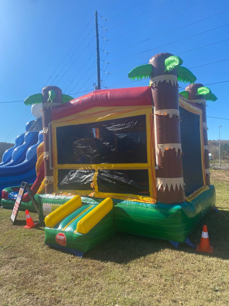Island Breeze tropical bounce house with palm trees set up for a party in Marietta, Georgia by Marques Amusement Company