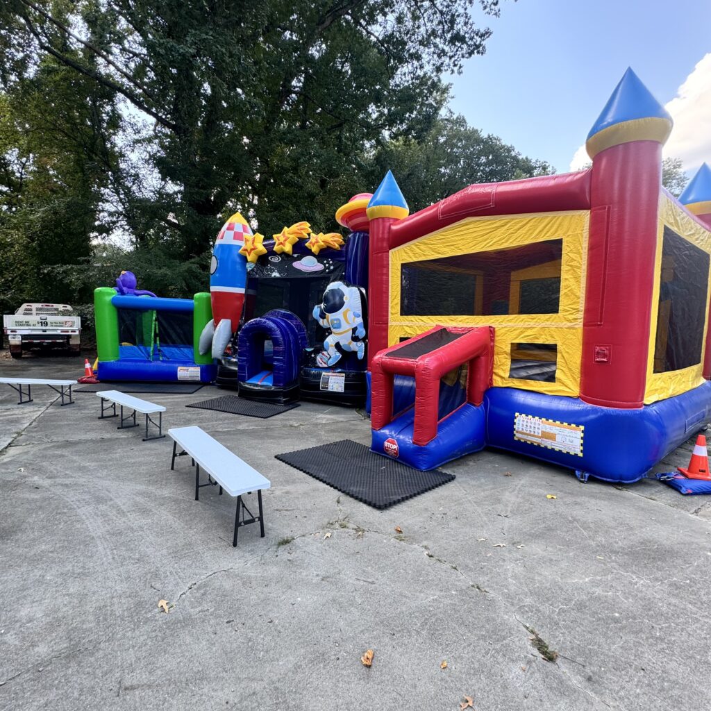 Bounce houses rentals and inflatable party rentals set up for an event in Lithia Springs GA by Marques Amusement Company