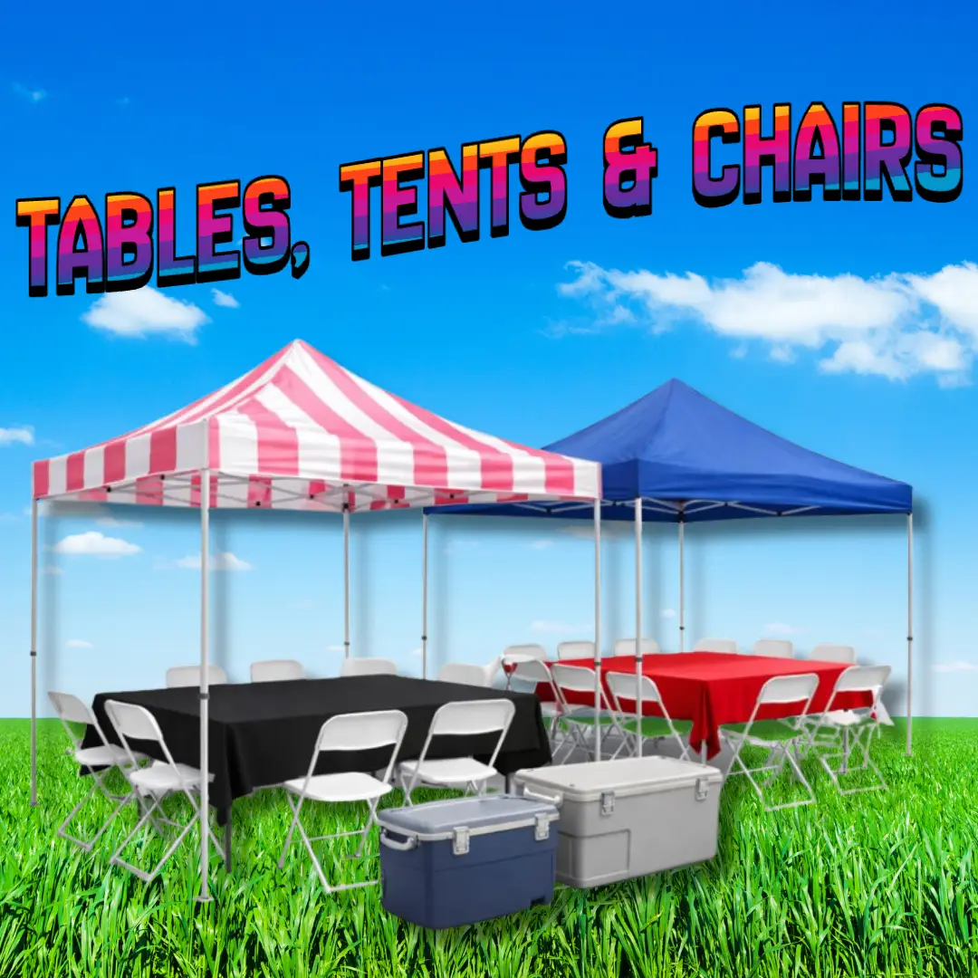 Event tables, folding chairs, and pop-up tents, available for tables, tents, and chairs rentals in Atlanta, Georgia