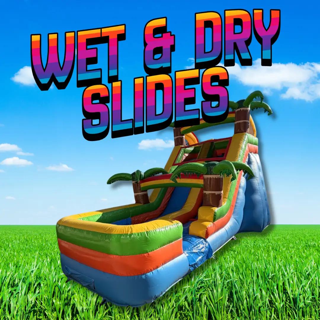 Large tropical inflatable slide, available as a wet or dry slide rental in Atlanta, Georgia