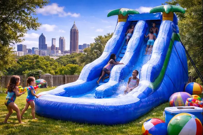 Kids enjoying water slide rentals at a backyard party in Austell, Georgia