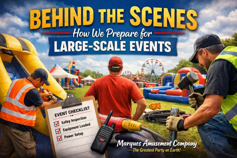 Behind the scenes event preparation for large inflatable and festival events by Marques Amusement Company in Atlanta