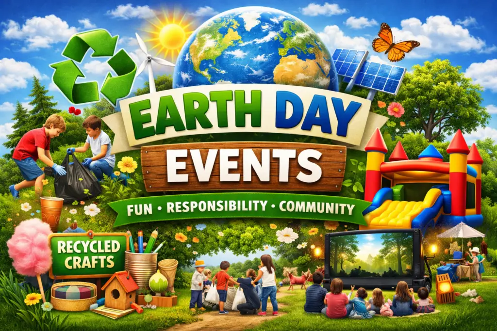 Earth Day events in Atlanta featuring kids cleaning up, eco-friendly crafts, bounce house fun, and outdoor movie night promoting sustainability and community engagement