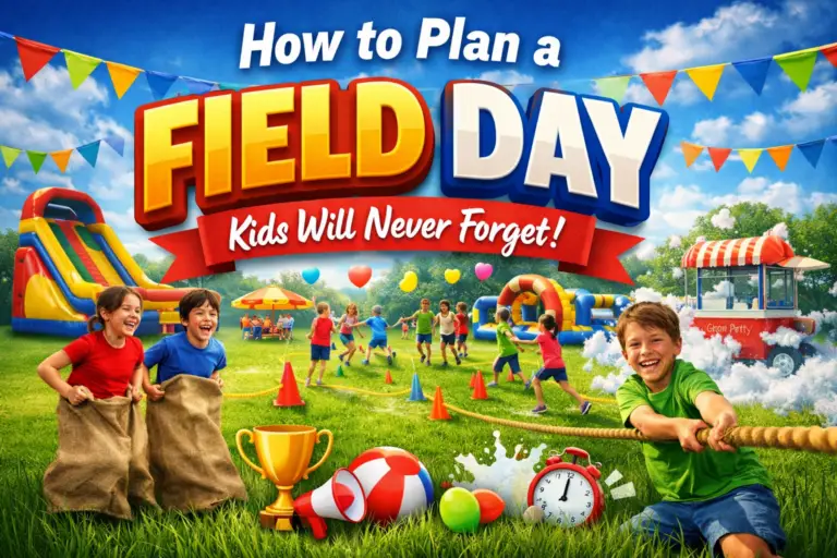Kids field day ideas with inflatables, races, and games at a school event in Atlanta