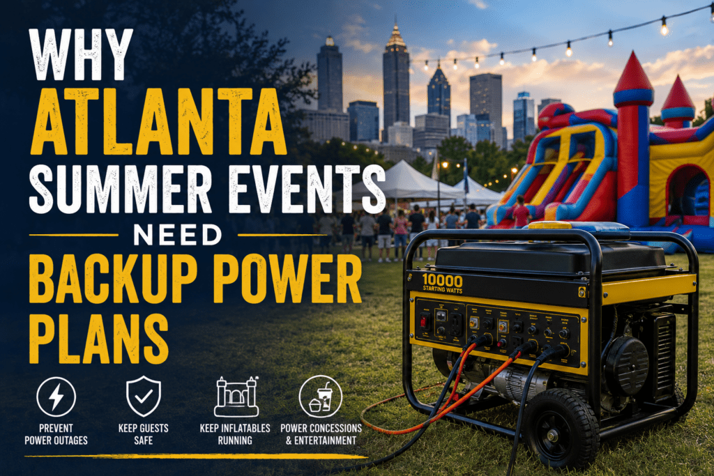 Backup power plans for events featuring a generator powering inflatables and outdoor entertainment at an Atlanta summer festival.