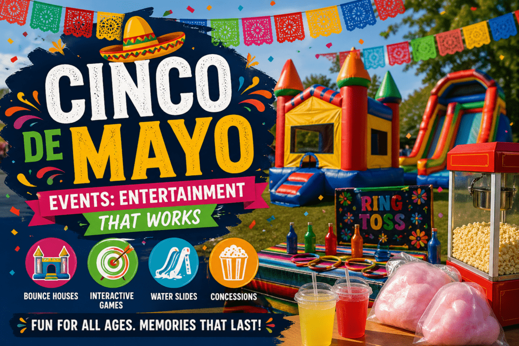 Cinco de Mayo events entertainment that works in Atlanta featuring bounce house rentals, interactive games, water slides, and concessions setup