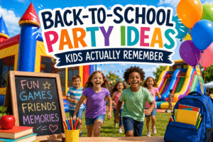 Kids enjoying fun back-to-school party ideas with bounce houses and games at an Atlanta outdoor celebration
