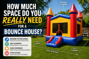 Bounce house space requirements guide showing proper backyard clearance and setup dimensions for inflatable rentals in Atlanta