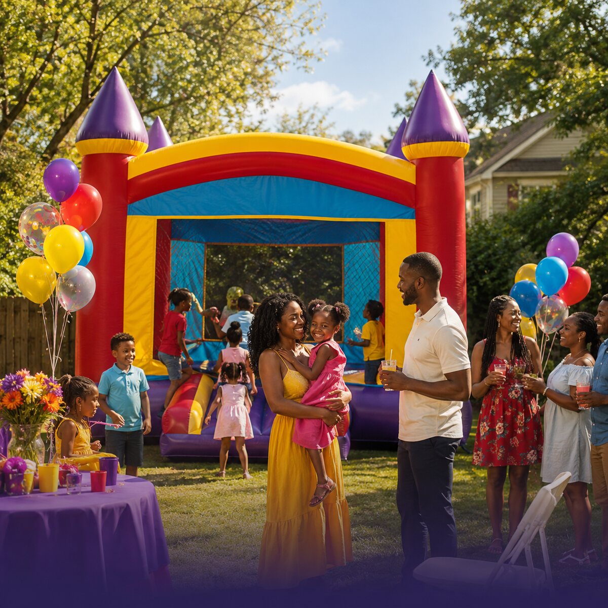 Family birthday celebration with a colorful bounce house