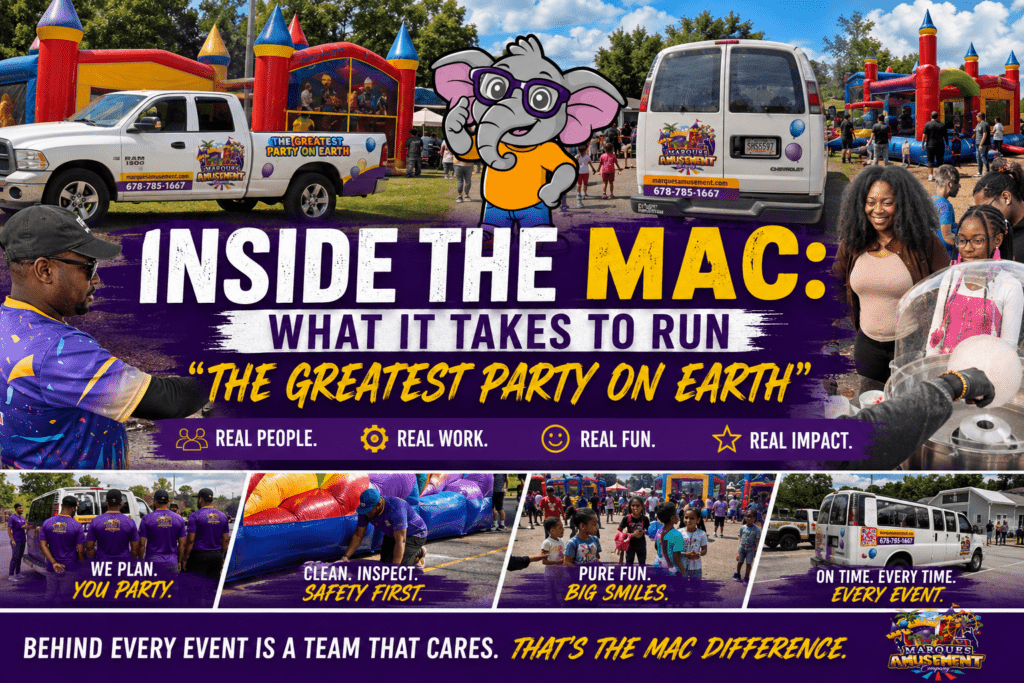 Marques Amusement Company team and inflatables at an Atlanta event showcasing behind the scenes operations for The Greatest Party on Earth