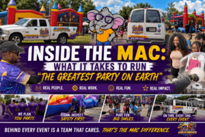 Marques Amusement Company team and inflatables at an Atlanta event showcasing behind the scenes operations for The Greatest Party on Earth