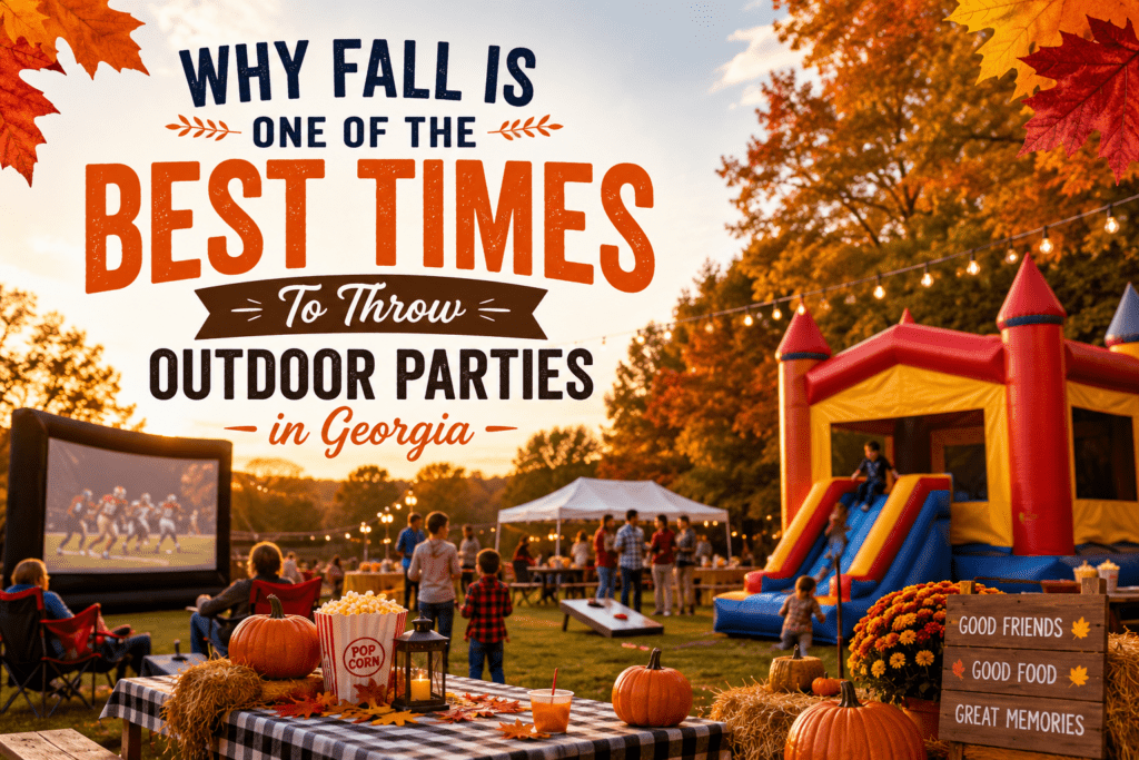 Outdoor parties in Georgia during the fall featuring bounce houses, outdoor movie screens, pumpkins, string lights, and family entertainment