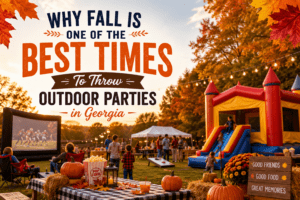 Outdoor parties in Georgia during the fall featuring bounce houses, outdoor movie screens, pumpkins, string lights, and family entertainment