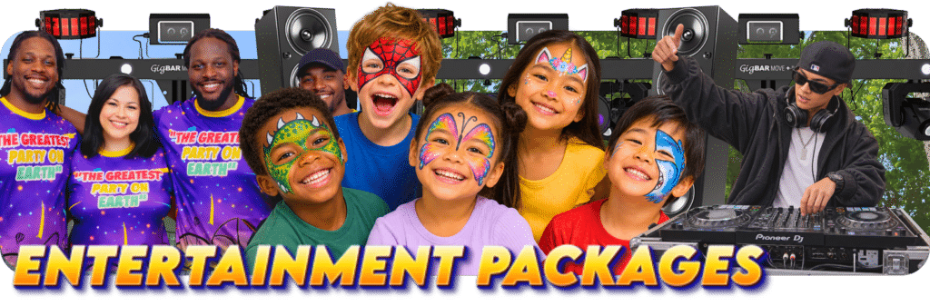 Entertainment packages featuring children with face paint, a DJ, event staff, speakers, and party lighting.