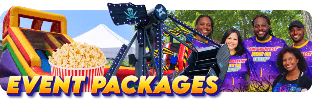 Event packages featuring an inflatable slide, pirate ship ride, popcorn, a canopy tent, and event staff.
