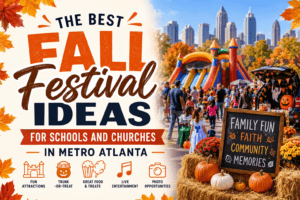 Fall Festival Ideas in Metro Atlanta featuring bounce houses, trunk-or-treat, and family fun for schools and churches