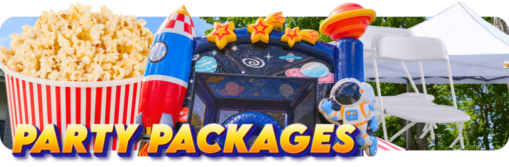 Party packages featuring a space-themed bounce house, popcorn, folding chairs, and a canopy tent.