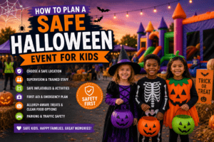 Safe Halloween event for kids featuring bounce houses, costumes, inflatables, and family-friendly activities in Metro Atlanta